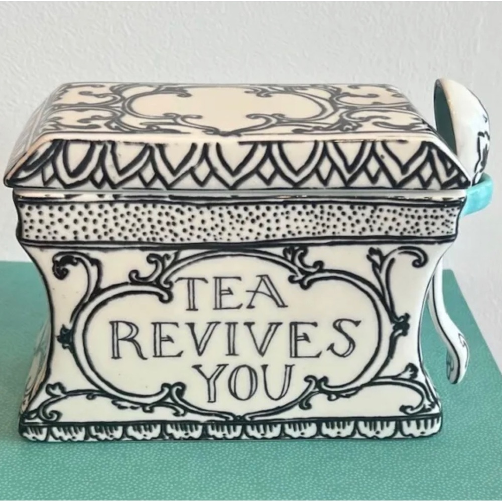 ✨HP✨ MOLLY HATCH CERAMIC “TEA REVIVES YOU” CANISTER W/ SCOOP - Picture 1 of 12